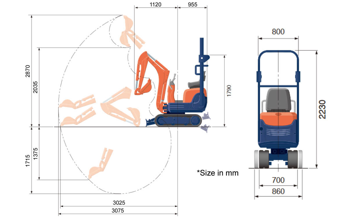 Kubota K008 Excavator Hire Length Specification